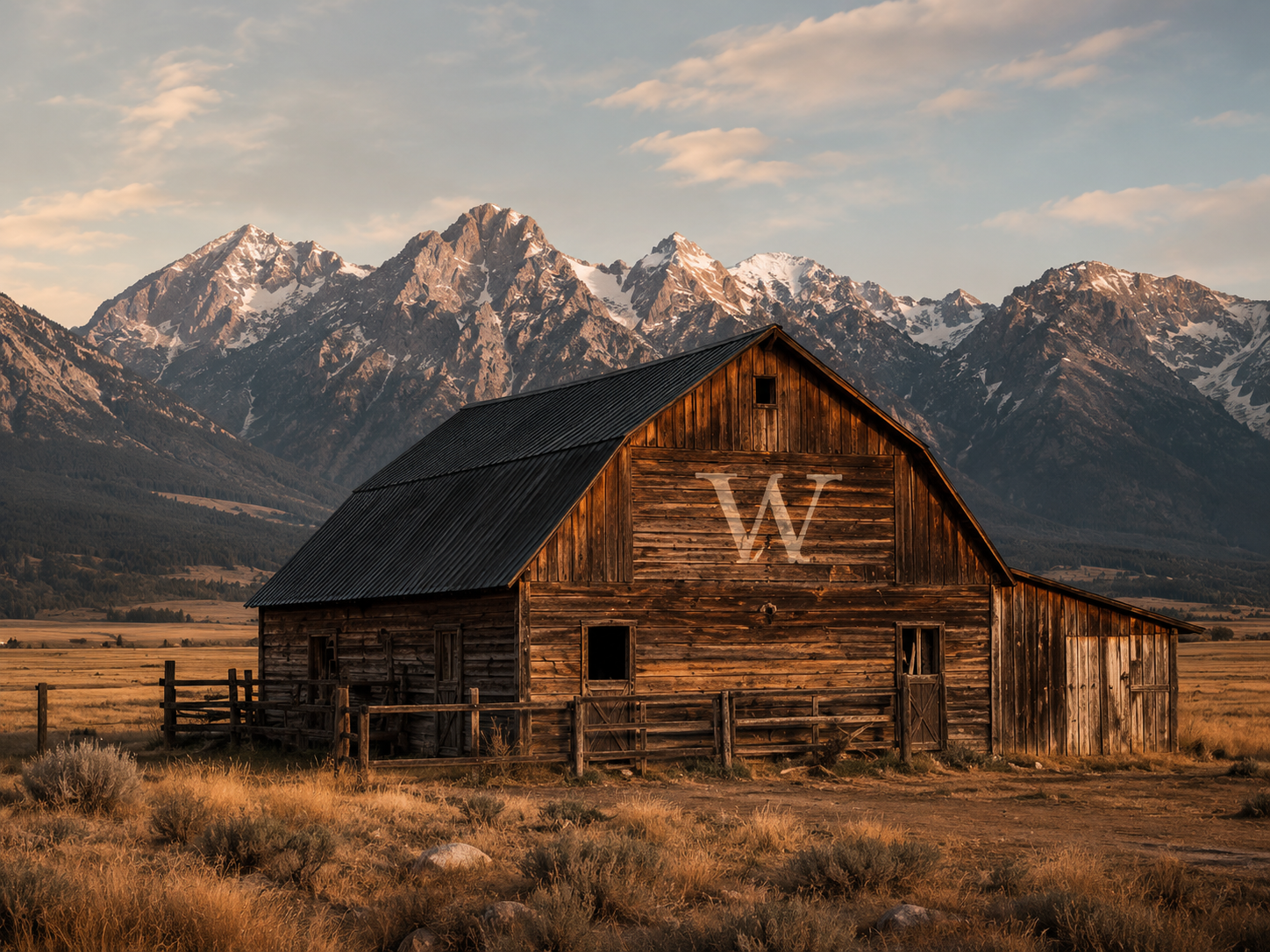 Rustic Wyoming barn in front of mountains